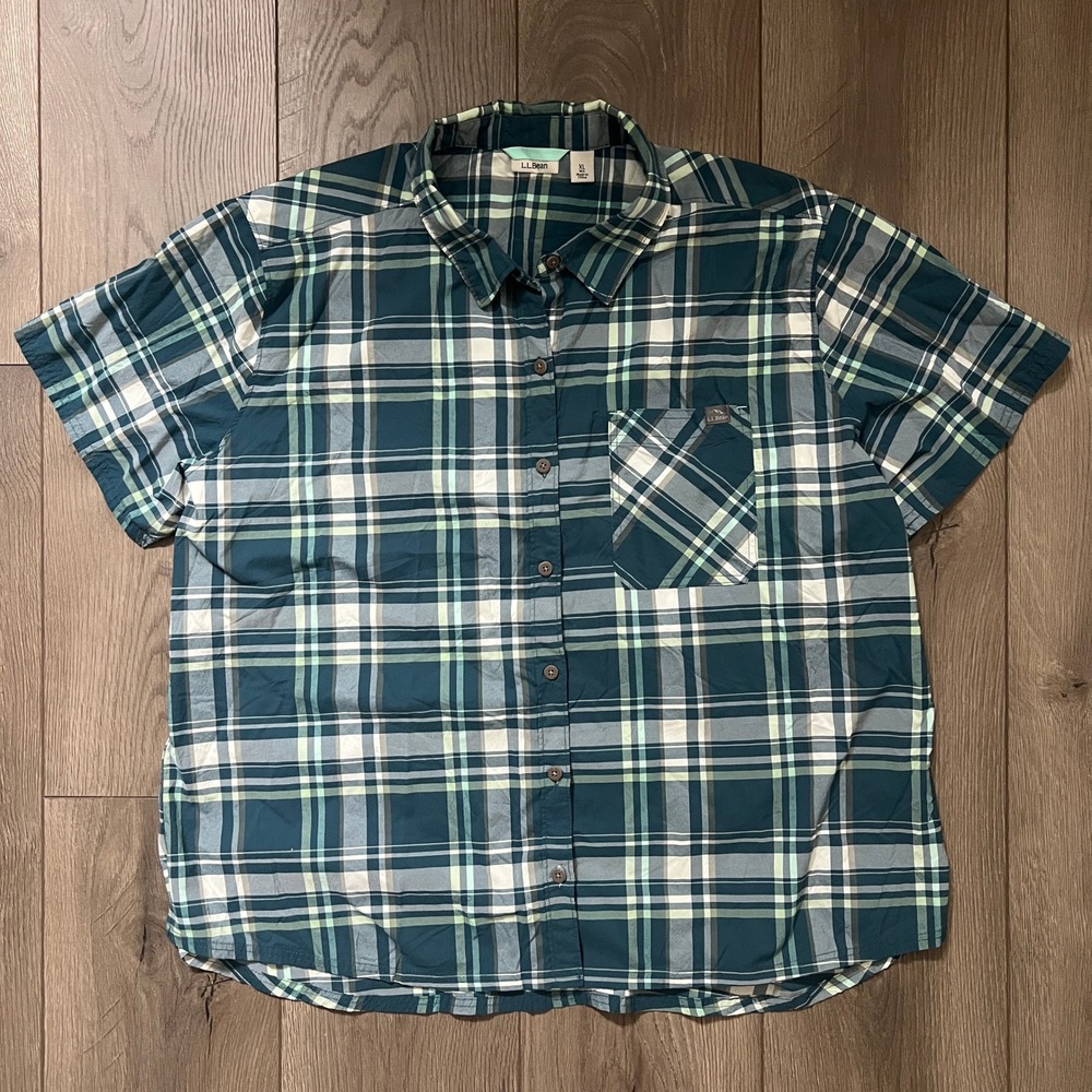 LL Bean Womens XL Teal Green Plaid Short Sleeve Button Up Shirt 504128 Stretch